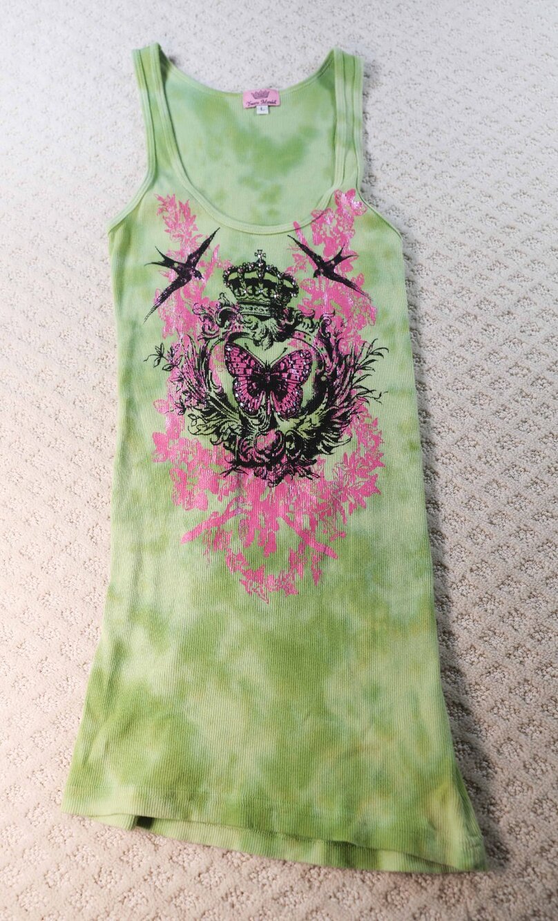 Yvette Mandell Y2K Green Ribbed Tank Top Butterfly Rhinestone Crown Basic Size L